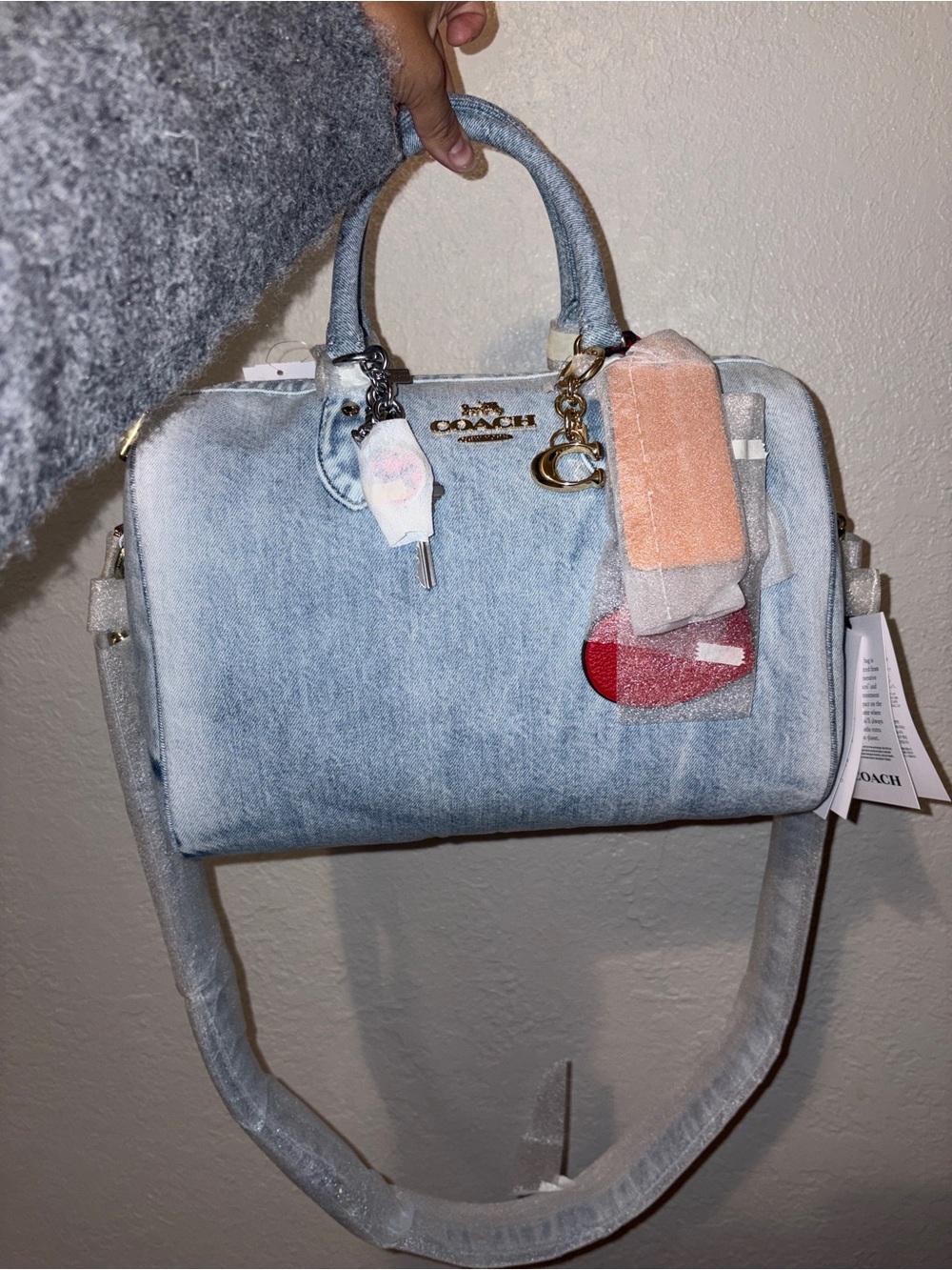 Coach Light Blue Denim Lg Rowan Satchel with Colorful charms